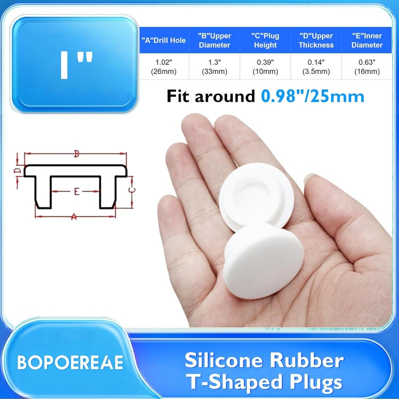 BOPOREAE 8 Pcs 26 mm/1 in Silicone Rubber Plug for 25 mm Round Holes, Waterproof T Type Rubber Stoppers, Soft Flexible Snap-On Bottle Seal Button Plugs Tube Pipe End Covers Caps Inserts, White - Image 2